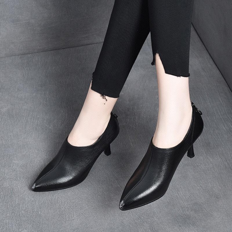 Pointed High-heeled Deep-mouth Single Shoes, Spring New First-layer Cowhide Iron-wrapped Pointed Rear Zipper Women's Shoes