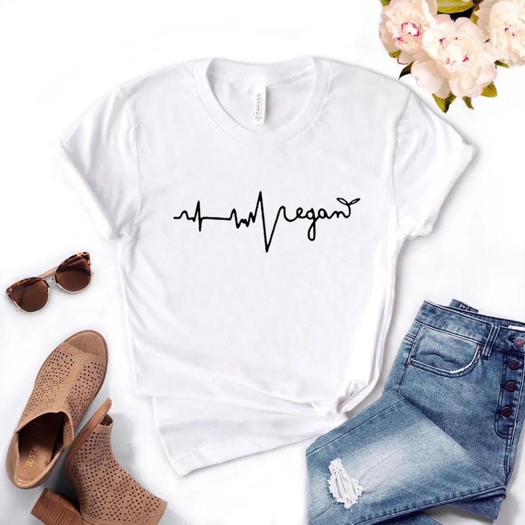 Vegan HeartBeat Letter Print Women T Shirt Short Sleeve O Neck Loose Women Tshirt Ladies Tee Shirt Tops Clothes Camisetas Mujer