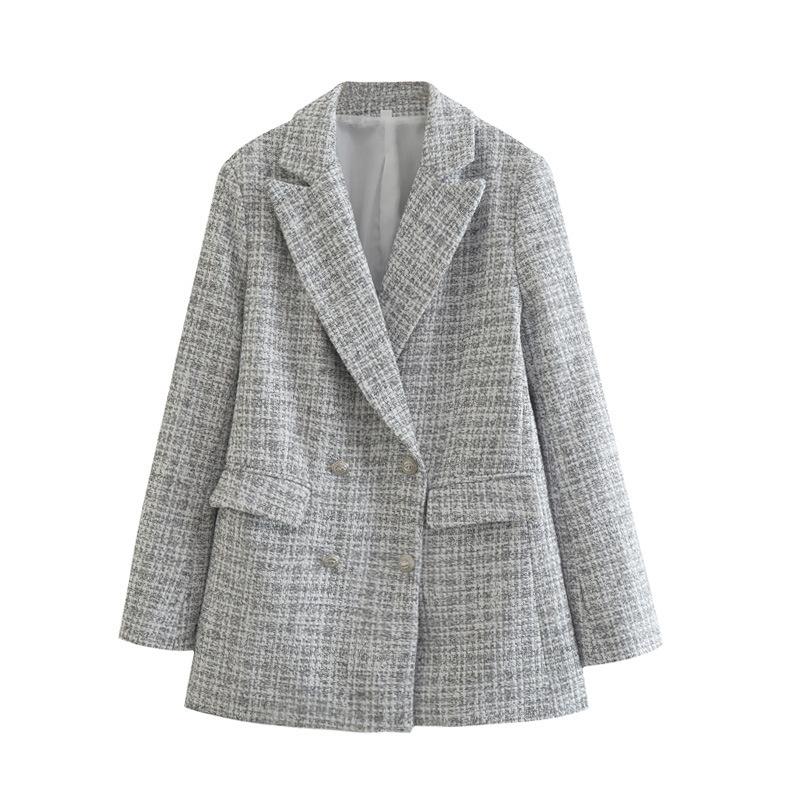 Autumn Women's Jacket Tweed Pocket Decoration Vintage Long Sleeve Blazer