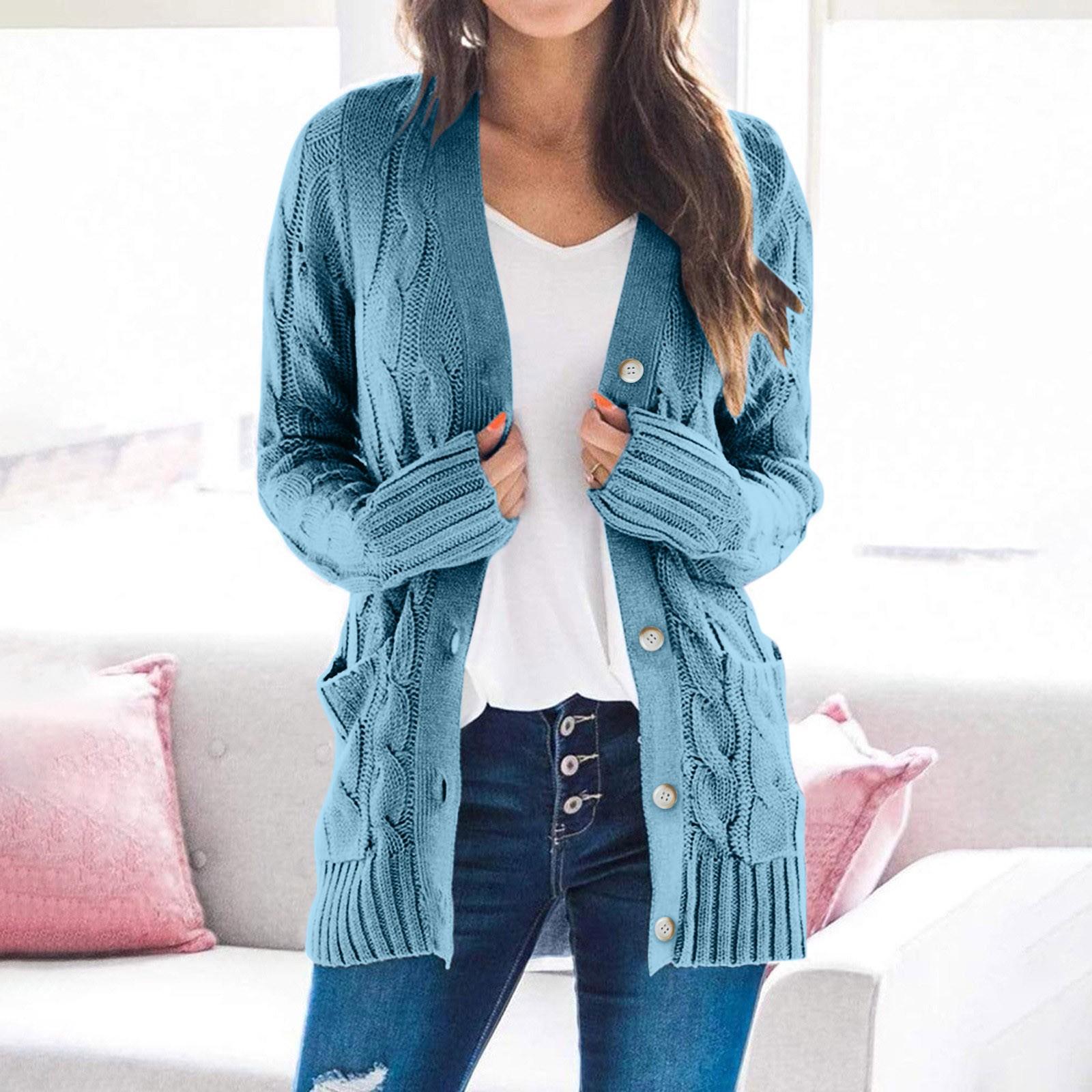 

Женский однотонный кардиган с длинными рукавами и карманами с открытой передней частью, вязаные свитера, пальто XXXXL светло-синий