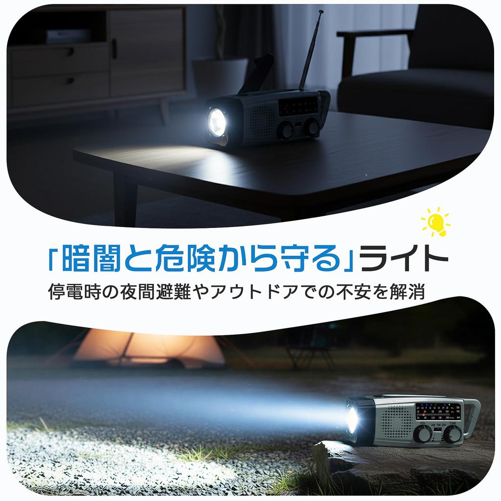 [Recommended by Disaster Prevention Specialists] Greeshow Emergency Radio, Multifunctional, Flashlight, FM/AM/SW High-Sensitivity Reception, 3-Way Cha