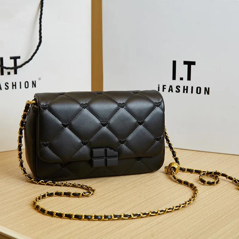 

Сумка бренду класу люкс, заклепка, діамантова решітка, сумка на ланцюжку, модна сумка з натуральної шкіри через плече, косий хрест, високоякісна жіноча сумка size 23 7 14 чорний