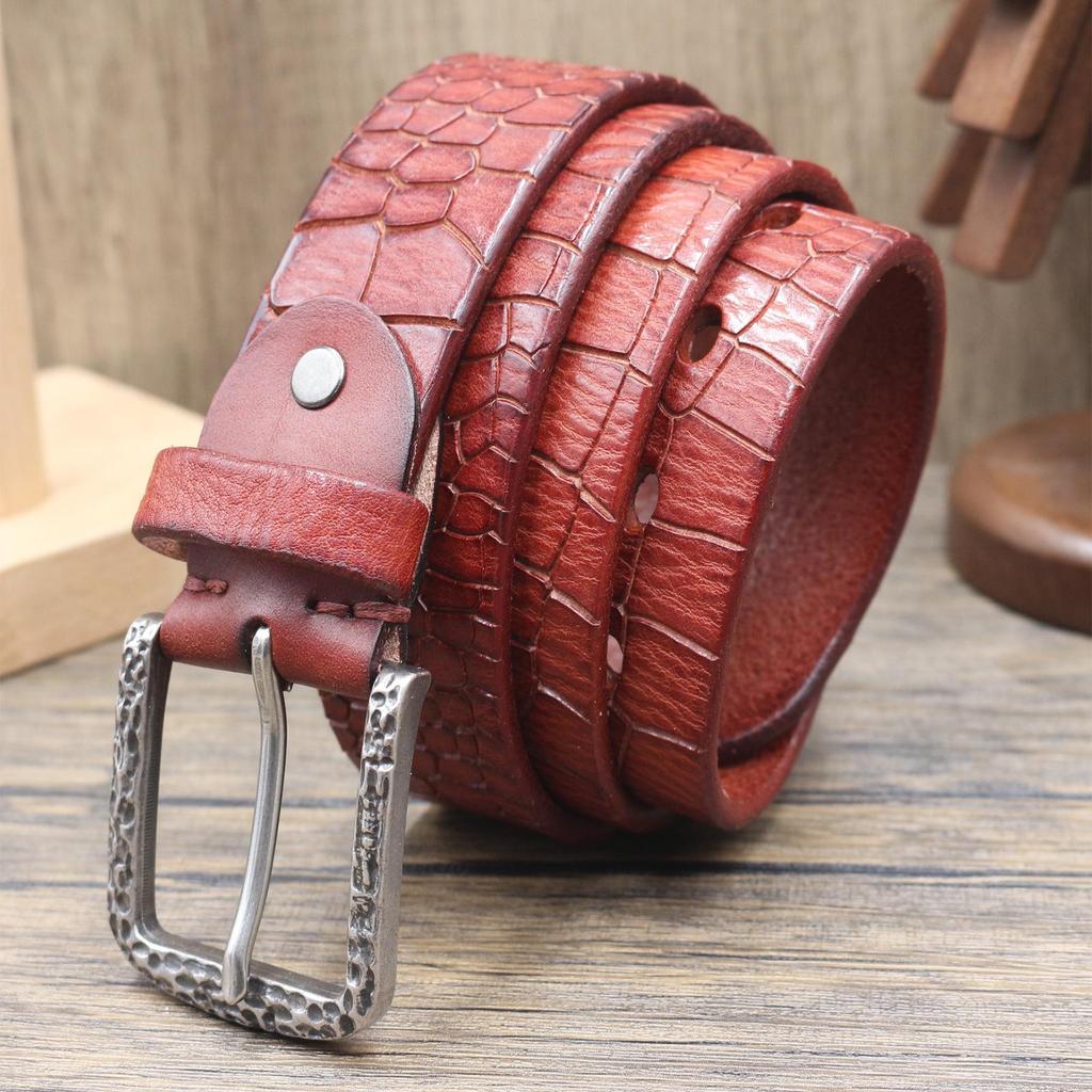 Retro Crocodile Grain Leather Belt for Men – Versatile Genuine Cowhide with Pin Buckle, Stylish for Mid-Aged and Youth Trousers.