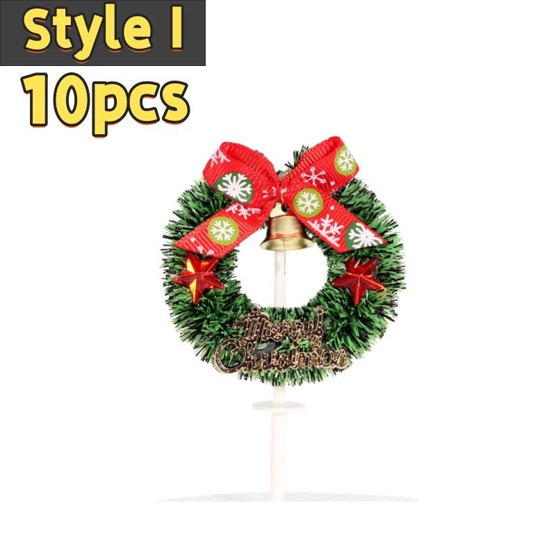 10pcs Christmas Cake Picks Cake Toppers with Bow Holiday Cupcake Toppers Wreath for Holiday Christmas Cake Ornaments Decorations