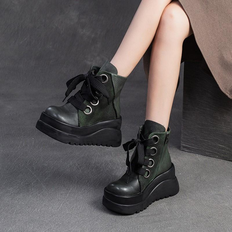 Johnature Genuine Leather Wedges Short Boots Retro Thick Soled Side Zipper Versatile Women's Shoes