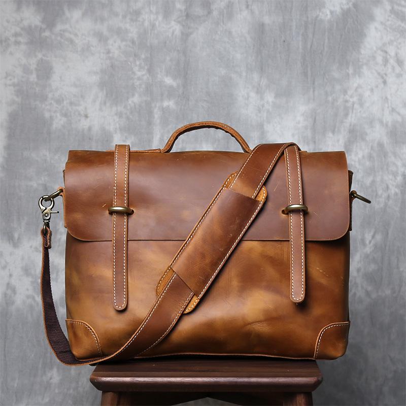 Men's Retro Genuine Leather Crossbody Messenger Bag - Handmade Crazy Horse Cowhide Briefcase
