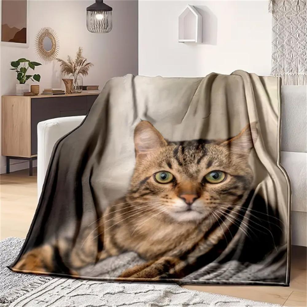 1 Stück Tabby-Katzen-Print Flanelldecke, Weiche Warme Überwurfdecke Nickerchen-Decke für Couch Sofa Büro Bett Camping Reisen