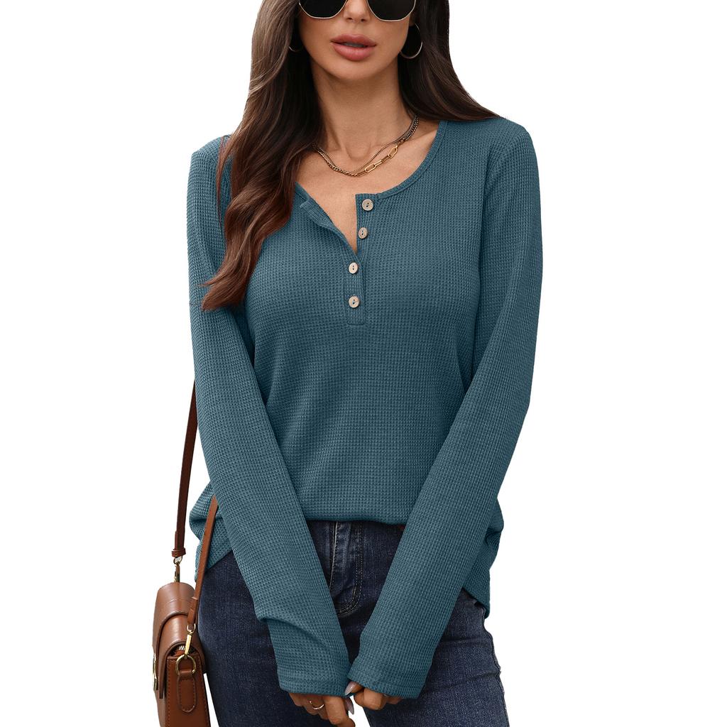 New Solid-color Round-neck Button Loose Long-sleeved T-shirt for Women In Autumn and Winter