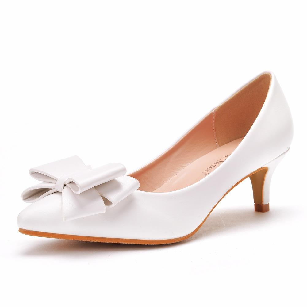 Bride Wedding Dress Pointed Toe Single Shoes Thin Heel Medium Heel Single Shoes Bow Pointed Toe Shoes Foreign Trade Large Size White Wedding Shoes