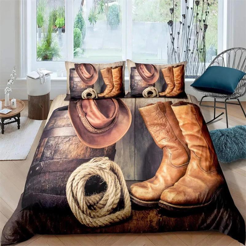 Western Cowboy Duvet Cover Set Vintage Farmhouse Bedding Set for Kids Boys Teens Queen Size Soft 2/3pcs Polyester Quilt Cover