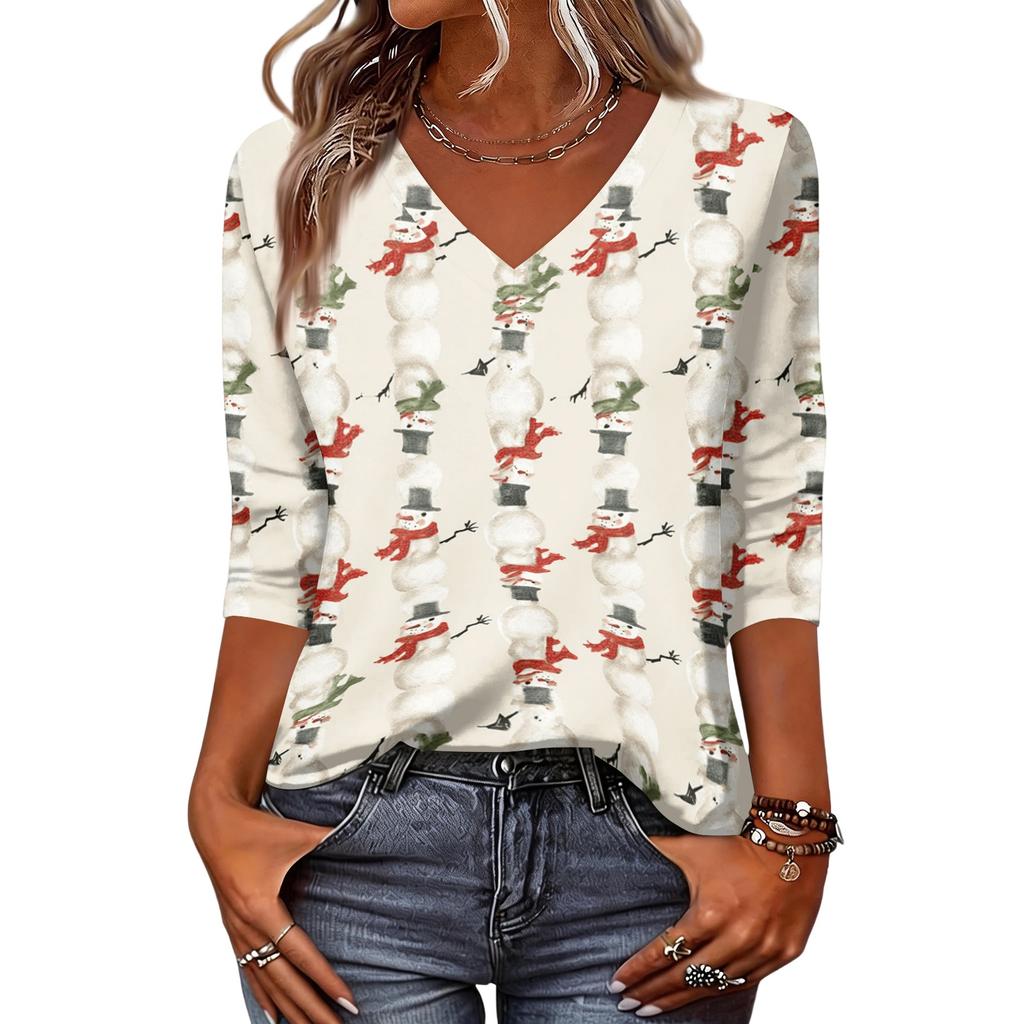 Women's Christmas Print V-Neck Three-Quarter Sleeve Loose Fit Casual Shirt for Everyday Wear