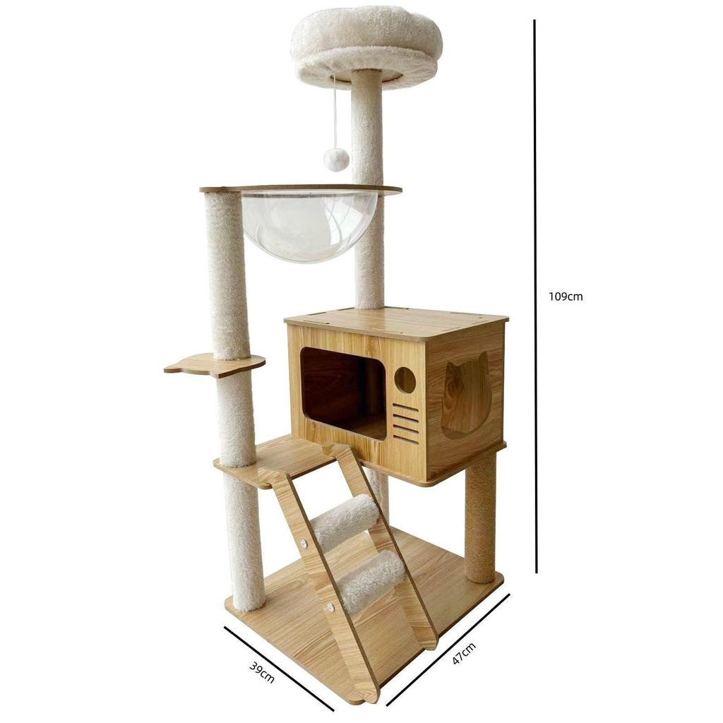 Space-Saving Cat Climbing Frame & Bed Villa with Toy Capsule, Floor-to-Ceiling Post, and All-Season Platform.