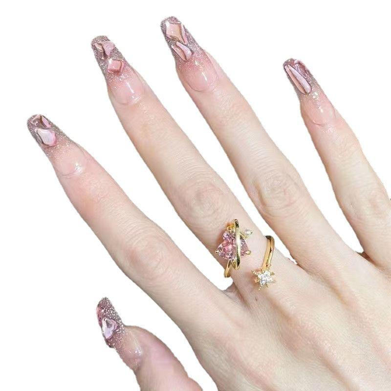 10pcs/set Hand-made Wearable Nails Flashing Aurora Pink Diamonds Manicure False Nails Removable Finished Product Phototherapy Nails