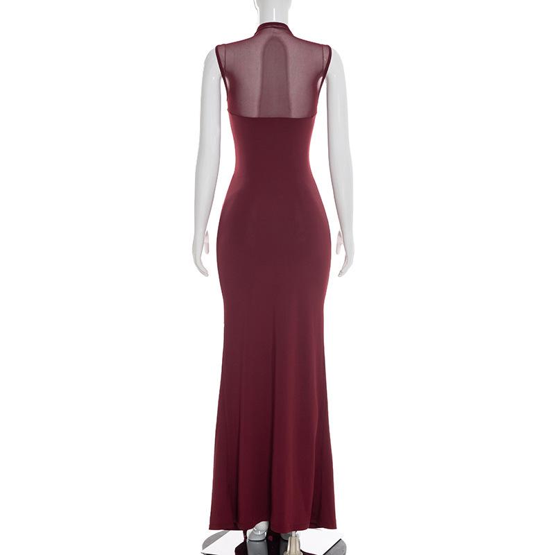 European & American Women's Spring/Summer 2026 Elegant High Neck Sleeveless Slim Fit Long Ruffled Mesh Dress