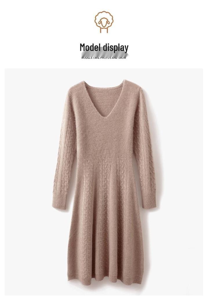 Women's Mid-Length V-Neck Wool Dress - Autumn/Winter Cashmere Over-the-Knee Sweater with Slimming Base Layer