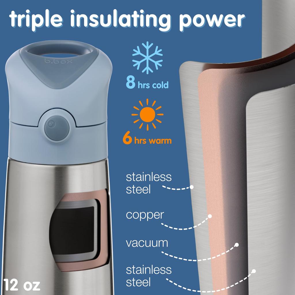 Insulated Drink Bottle with Keeps Drinks Hot or Dishwasher Safe Steel b.box Straw, Cold, One-Push Operation, Top-Rack [Authentic b.box Product]