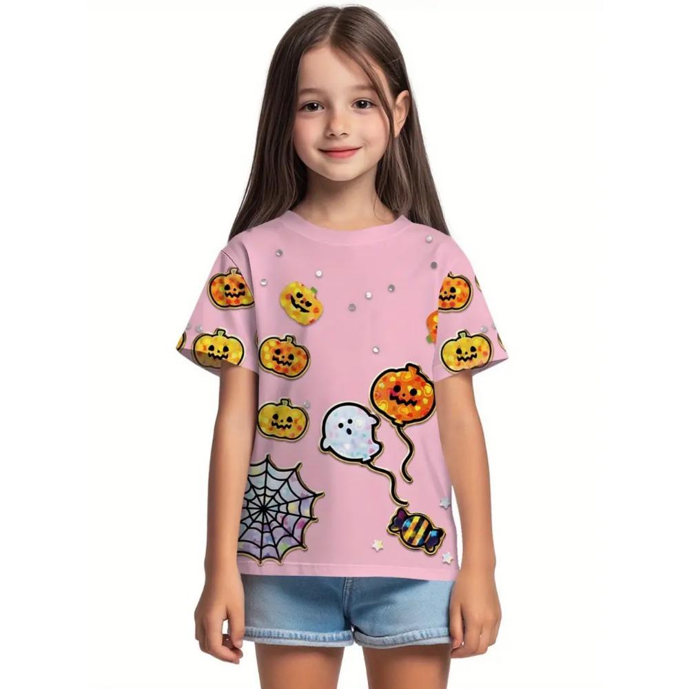 Kids' T-Shirt Girl Halloween Cute Cartoon Prints Pumpkin Round Neck Short Sleeve Tops Fashion Girls Holiday Children's Clothing
