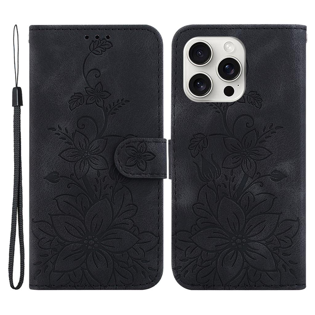 For iPhone 16 Pro Max Wallet Case PU Leather Phone Cover Flower Imprinted