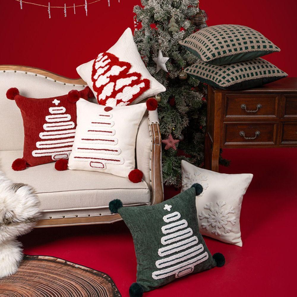 1PC 18 x 18 in Christmas Tree Pillow Cover with Hairball Comfortable Xmas Tree Pillowcase Soft Square Throw Pillow Cover