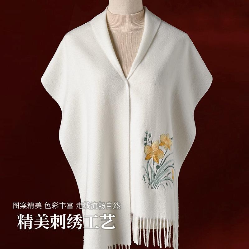 Mid-Autumn Winter Thickened Warm Embroidered Flower Wool Scarf Shawl Female Elegant High-end Gift Scarf