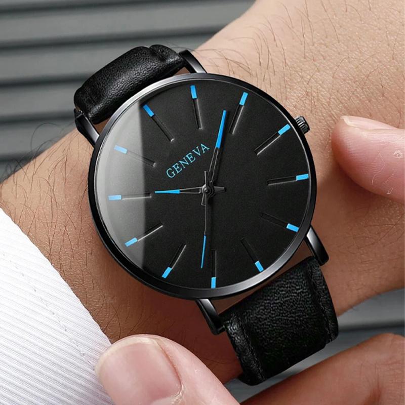 2pcs/set Men's Fashion Ultra Thin Watches Simple Men Business PU Leather Strap Quartz Watch&Bracelet