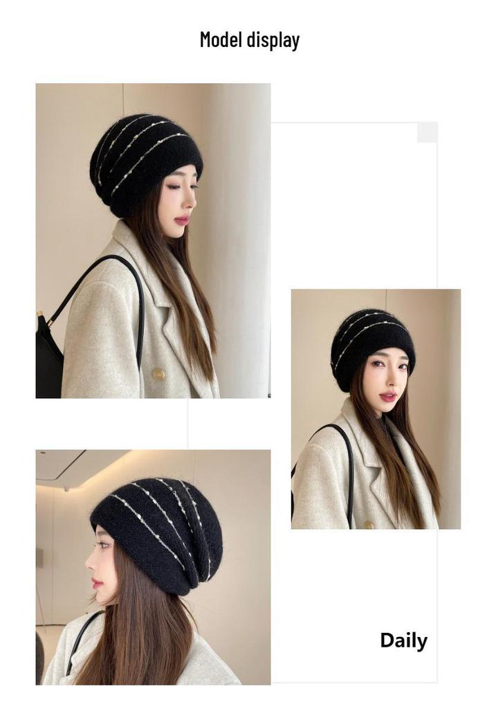 Women's Rabbit Fur Slouchy Hat with Ear Protection - Knitted Jumper Yarn, Plus Velvet, Autumn/Winter Style for Outdoor Warmth