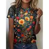 3D Flower Print Graphite Short Sleeve T-Shirt - Summer Casual Wear