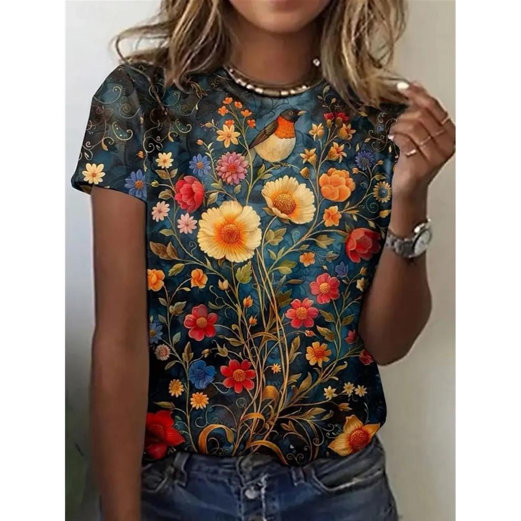 3D Flower Print Graphite Short Sleeve T-Shirt - Summer Casual Wear