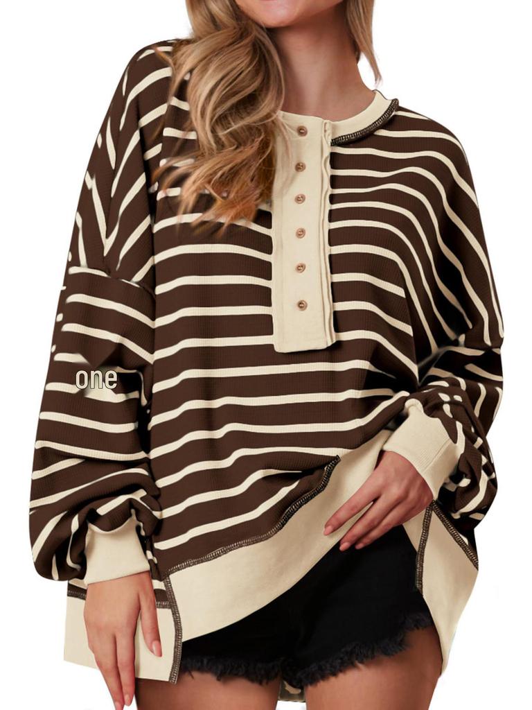 Color Block Long Sleeve Striped Button-Up Casual Sweater for Women - Autumn/Winter