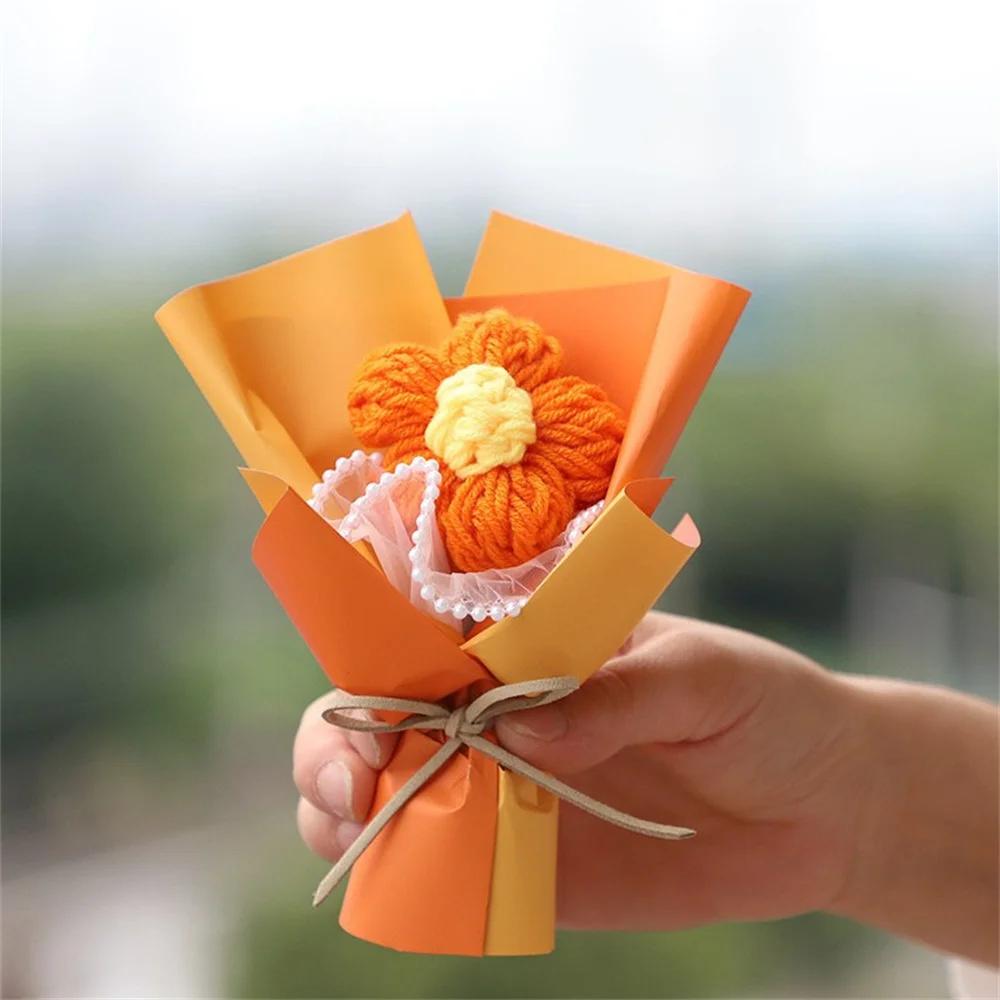 Single Woolen Knitted Flower Bouquets Rose Puff Sunflower Crochet Fake Flowers Small Home Decor Valentine's Day Gifts