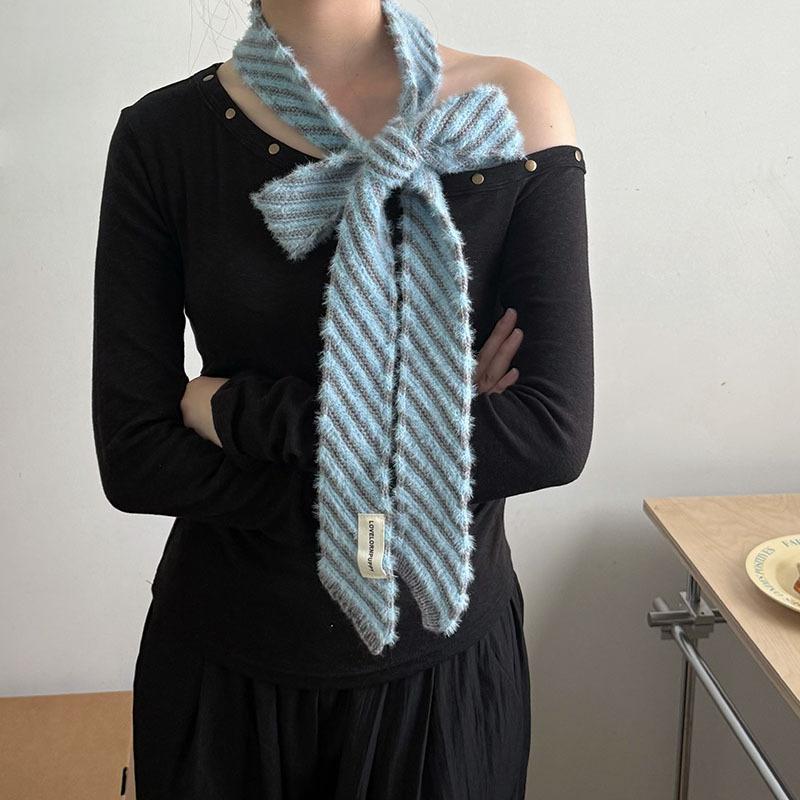 New Korean Version Striped Thin Women Decorate Scarf Japanese Style Mink Fur Decorative Chic Scarves Female Autumn Winter