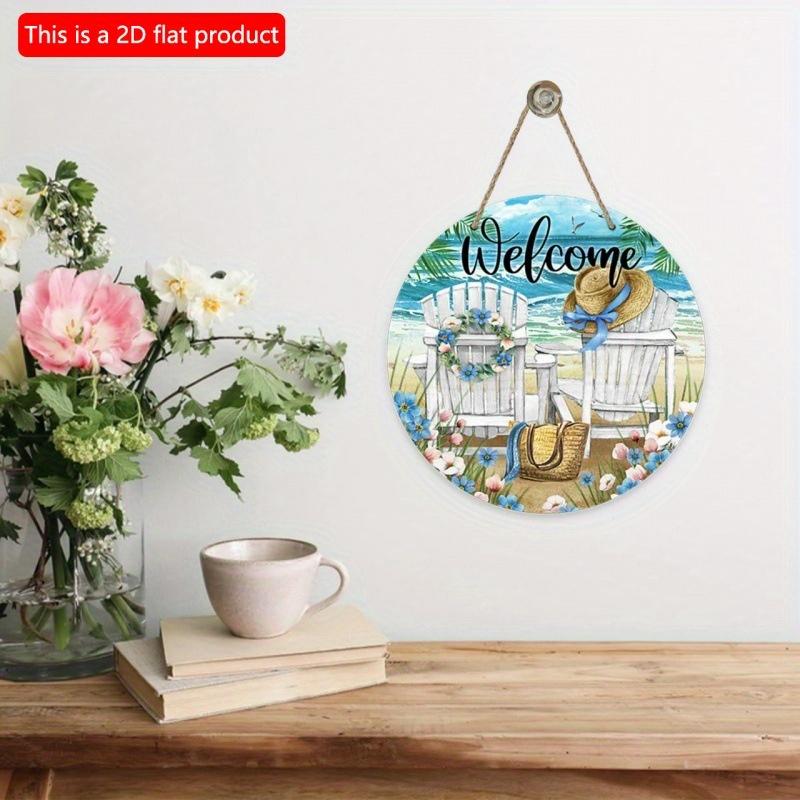 2D Flat 20*20cm1pc Welcome Seaside Vacation Travel Scene Blue wreath&Recliner Patterns Front Door Sign, Summer Door&Pediment&Holiday Hotel&Beach