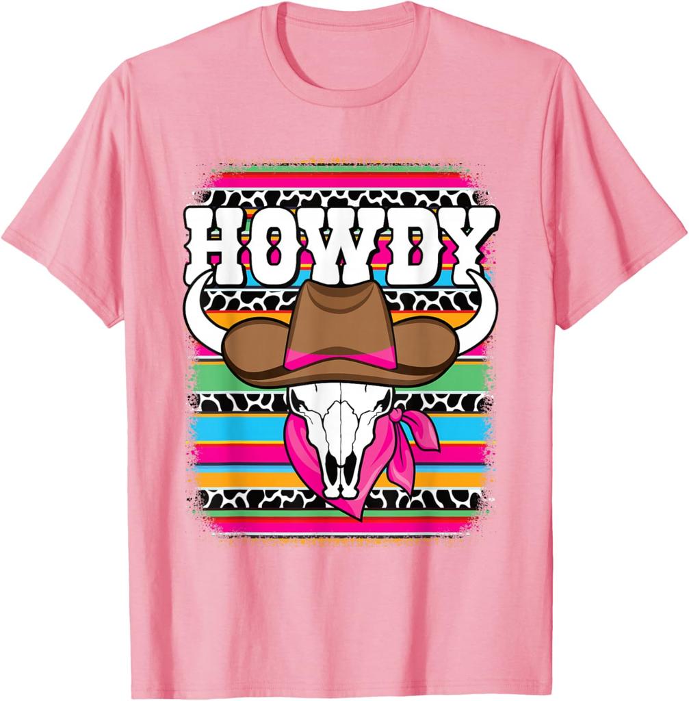 Howdy Cow Skull Western Rodeo Graphic Tee Breathable Short Sleeve Casual T-Shirt for Women