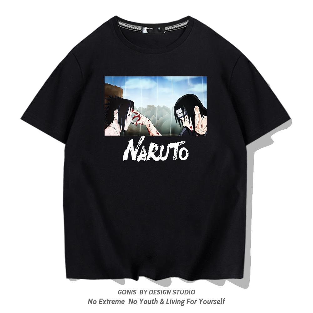 Naruto T-shirt male Japanese anime Sasuke Uchi Hasuki family trendy brand youth pure cotton loose top