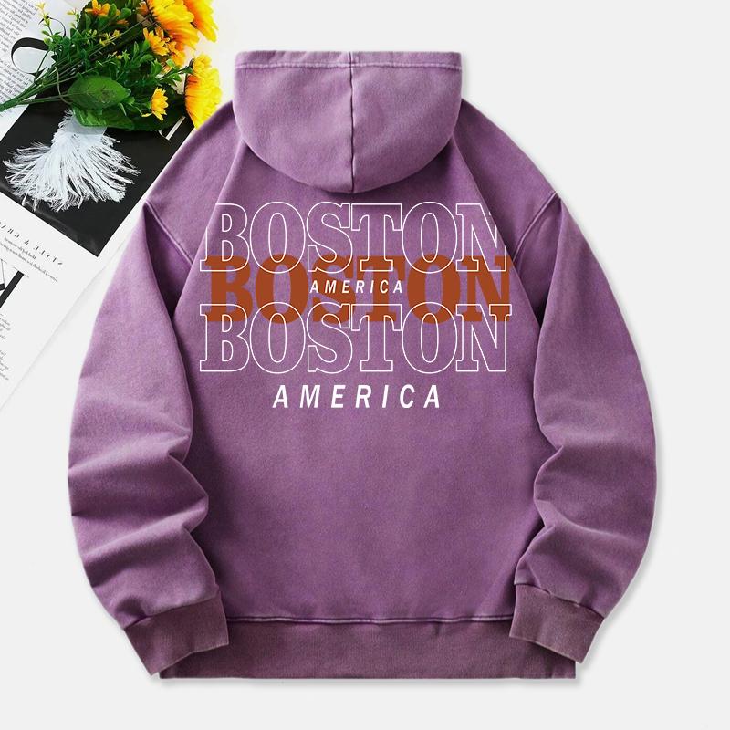 Boston America Washed Hoodies Women Letter Prints Cotton Sweatshirts Long Sleeves Pocket Oversized Hooded Clothes