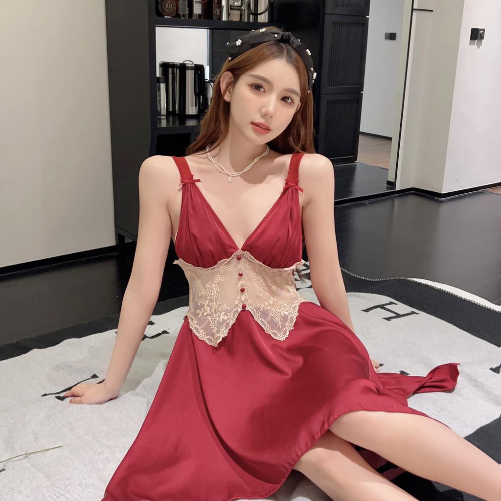 Sexy Pajamas Women Ice Ribbon Chest Pad Summer Pure Desire Wind Deep V Beauty Back Mesh Lace Large Skirt Suspender Pajamas