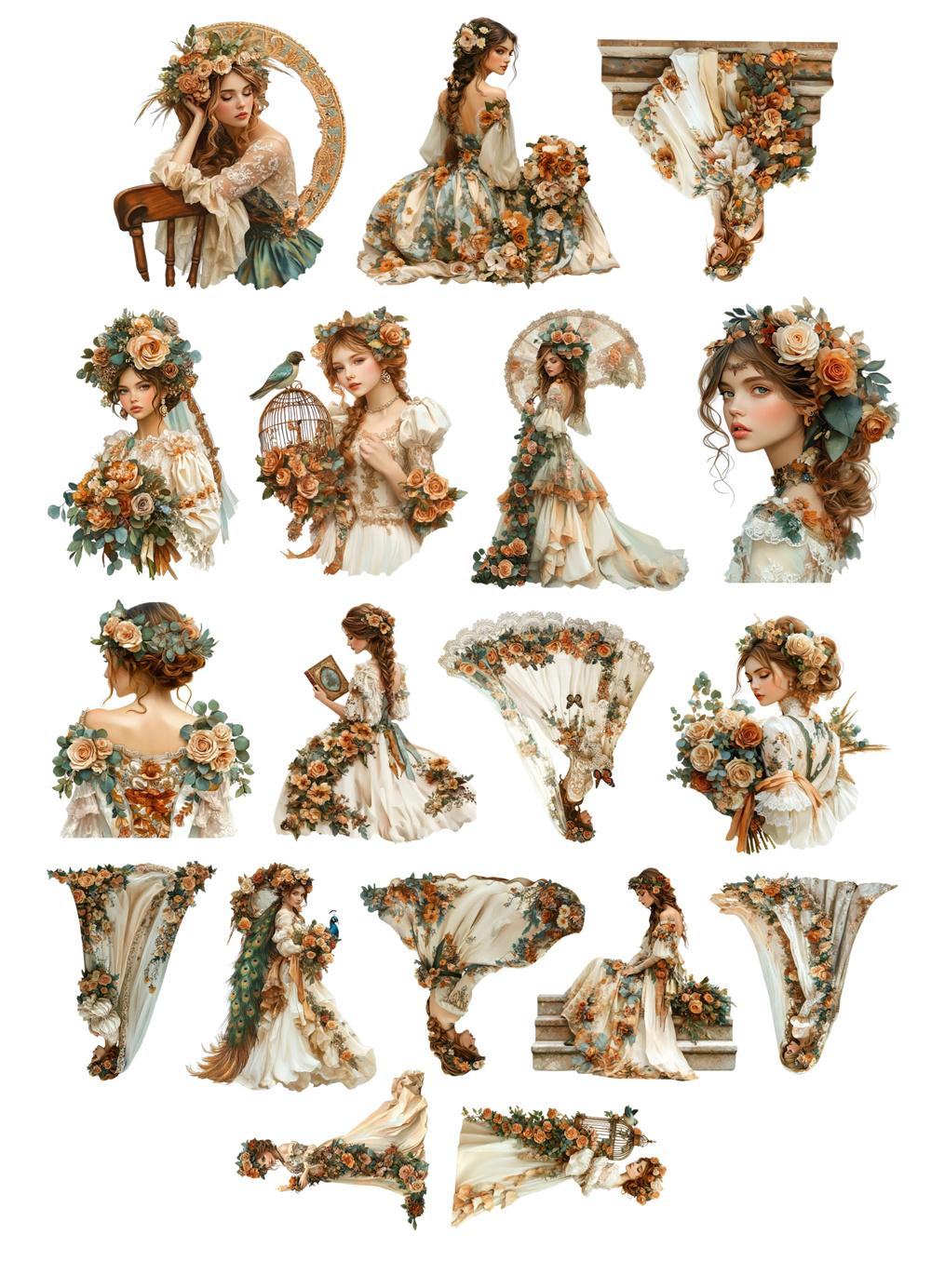 

18pcs Anime Watercolor bride s wedding dress Paper Stickers, for Luggage, Notebook, Diary, Album Decoration, DIY stationery