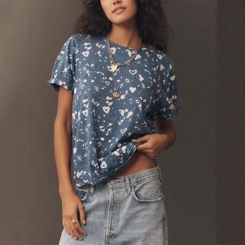 2026 Spring Women's Bubble Sleeve T-Shirt: Short-Sleeve, Solid Color, Round Neck, Skin-Friendly Design.