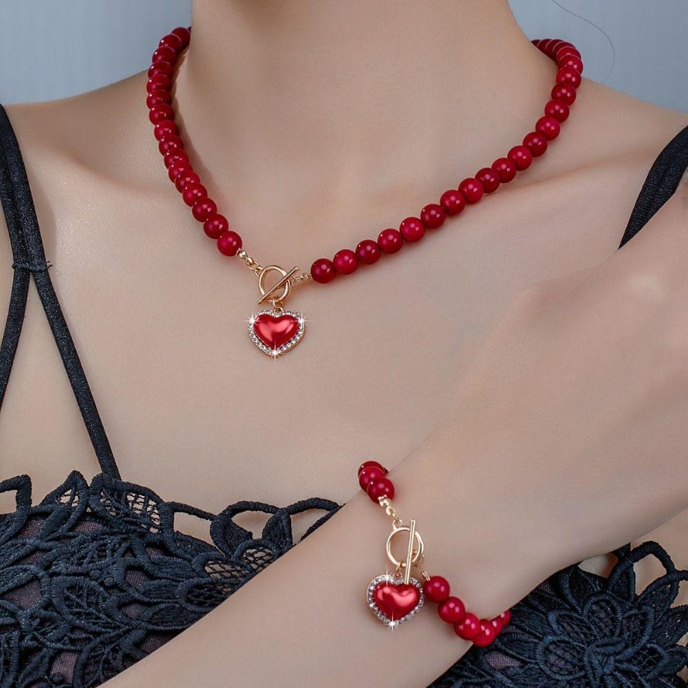 Beaded Heart Pendant Jewelry Set Crystal Pearl Necklace Set Necklace Bracelet Set  Wedding Party