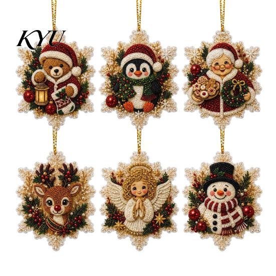 Acrylic Santa Hanging Ornaments 6 Pcs Christmas Pearl Art Ornaments, 2D Flat Holiday Tree Pendant, Decorations Effect Decoration for Home Wall