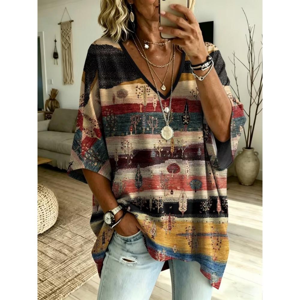 Women's Large Size V-neck Top, Elegant and Comfortable, Simple Pattern Print Large Size Women's V-neck T-shirt