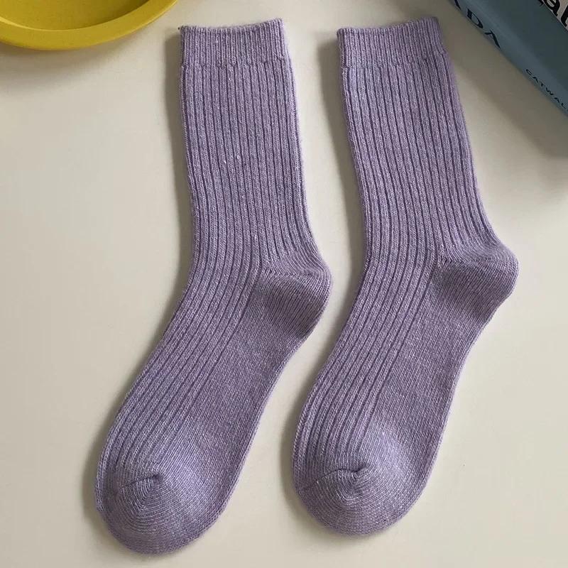 

Autumn Winter Knitting Solid Color Korean Japanese Student Girls Mid-calf Socks Retro 1 Pair Women Cotton Loose Socks One Size світло-фіолетового кольору