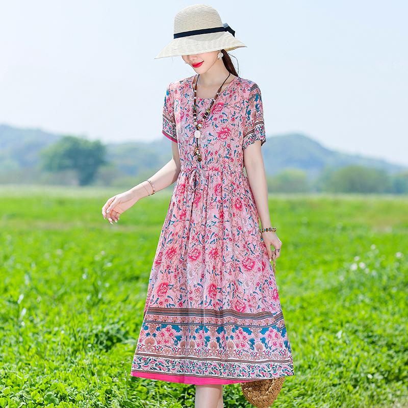 Plus Size Women's Long Dress Summer  Short Sleeve Vintage Print Dress for Women