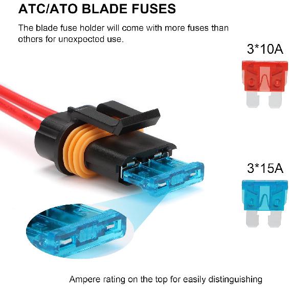 3 Pack Inline Waterproof Fuse Holder, with 10 Amp 15 Amp ATC/ATO Blade Fuses, 16 AWG Pre-Wired Kit Heavy Duty Inline Fuse Holder for Marine