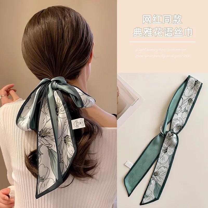 

Модный принт Шелковая длинная лента Шарф для волос для женщин Головной платок Бант Резинки для хвостика Головной убор