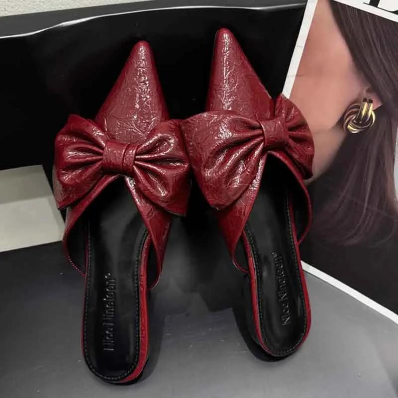 Fashion Bow Pointed Toe Women Slippers Flats Elegant Mules Shoes Luxury Women's Sandals 2025 Summer Fashion Slides Party New Woman Shoes