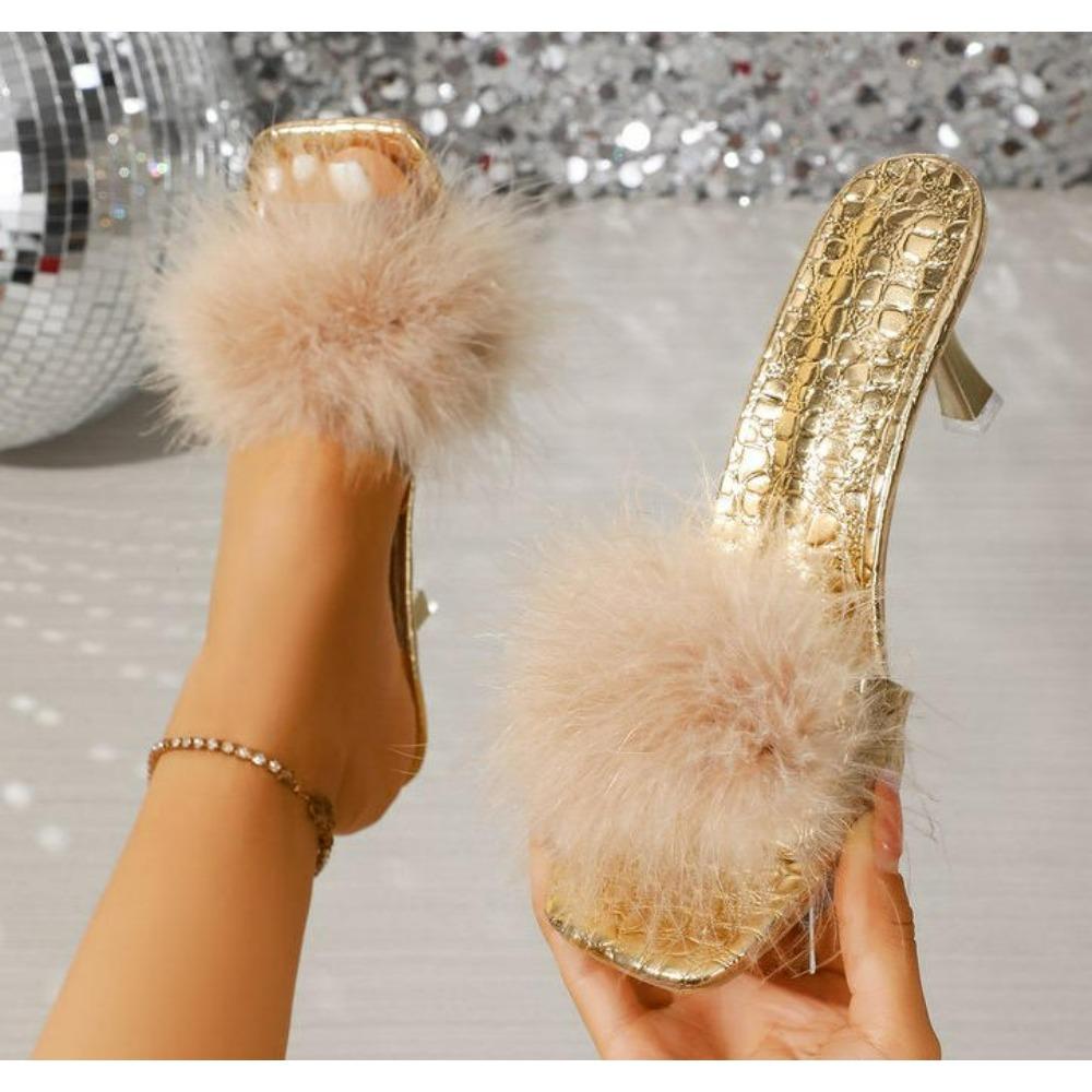Woman Feather High Heels Pointed Toe Slippers Fashion Sandals Women Open Toe Pumps Slides White Pink Black Size 35-43