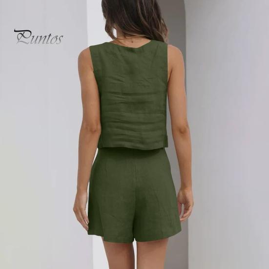 2 Pcs/Set Women Tank Top Shorts Set Square Neck Sleeveless Loose Top High Waist A-line Trousers Casual Daily Wear Vest Pants Set