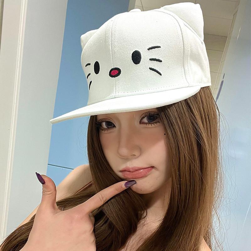 Baseball Delightful White Cap Women With Cute Cat Illustration Accessory Trendy
