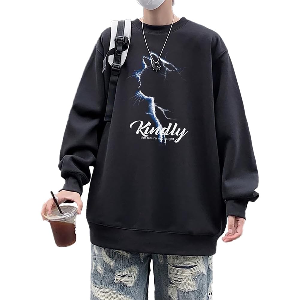 

JIASEN Fall Long Round Printed Cat Soft and Loose Casual Simple Winter Black Size M Men s Sweatshirt, Sleeve, Collar, Hoodie, Comfortable,
